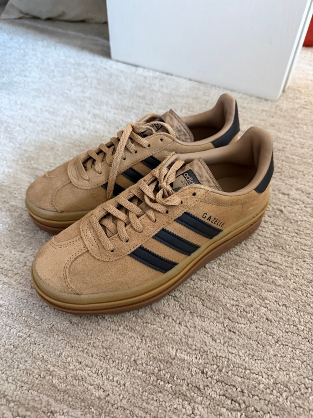 adidas Gazelle Suede Platform Sneakers in Tan with Black Stripes